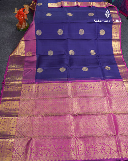 Navy Blue Pure Kanjivaram Silk Saree With Contrast Magenta Traditional Samall Checks With Butta Evening Morning Border