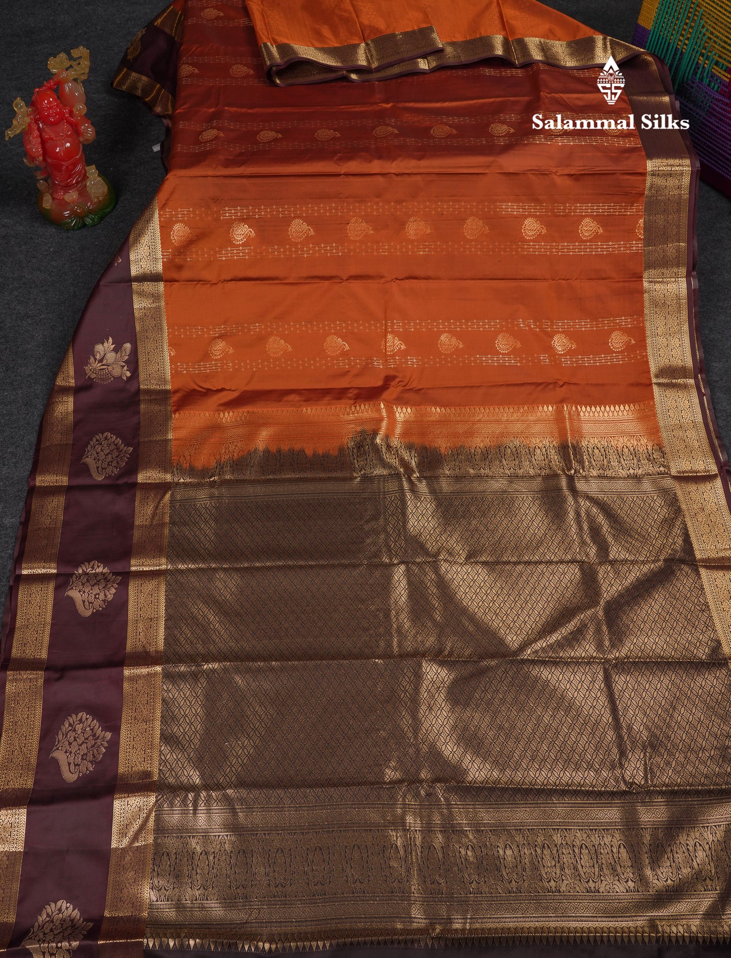 Beautiful Rust Orange Semi Silk Saree With Contrast Dark Brown Traditional Evening Morning Border