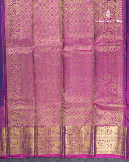 Navy Blue Pure Kanjivaram Silk Saree With Contrast Magenta Traditional Samall Checks With Butta Evening Morning Border