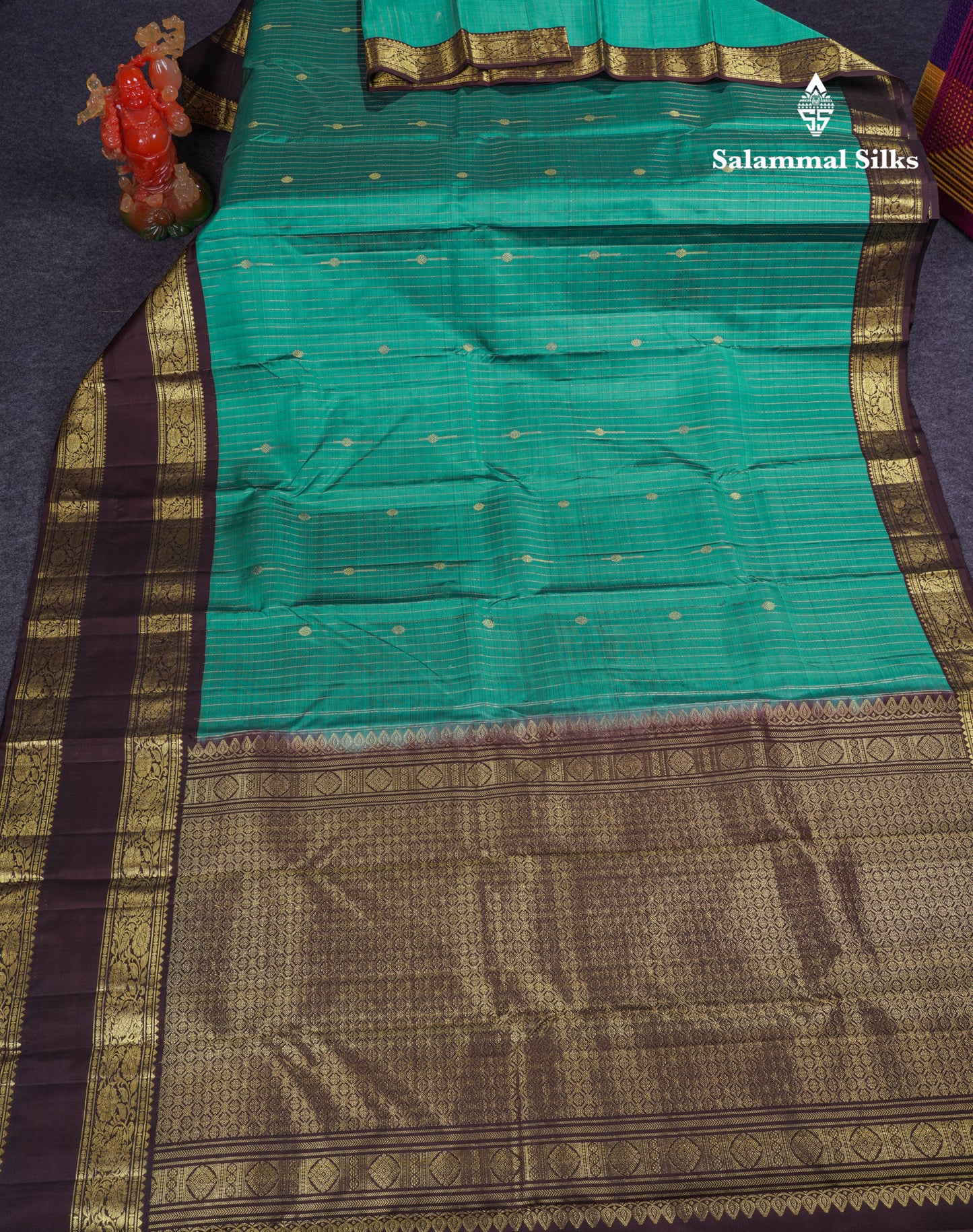 Beautiful Teal Green Pure Kanjivaram Silk Saree With Contrast Dark Brown Traditional Gap Evening Morning Border