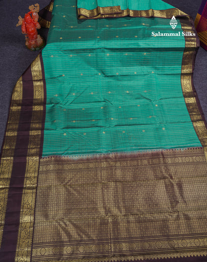 Beautiful Teal Green Pure Kanjivaram Silk Saree With Contrast Dark Brown Traditional Gap Evening Morning Border