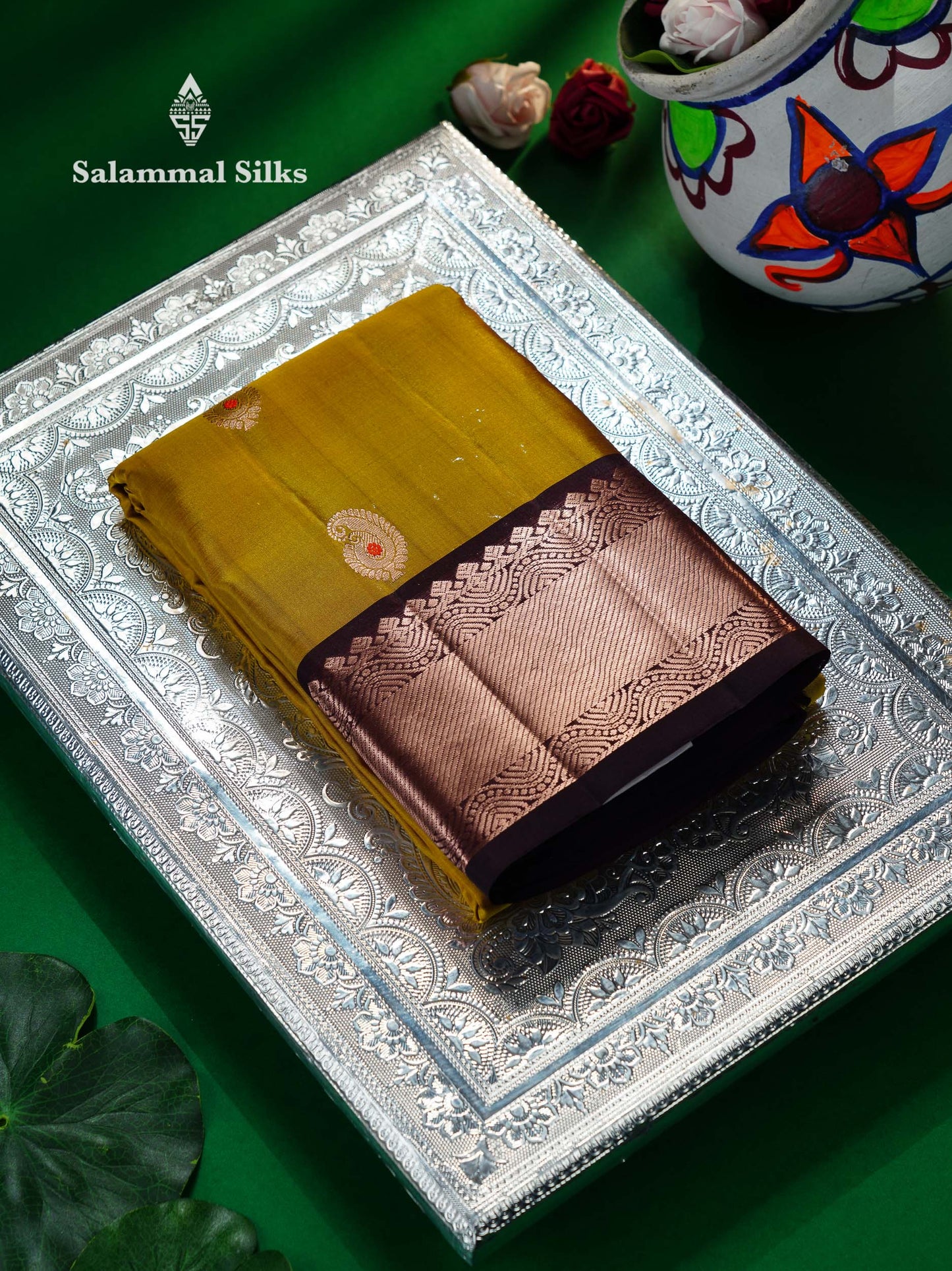 Beautiful Olive Mustard Yellow Pure Kanjivaram Silk Saree With Contrast Dark Brown Traditional Border