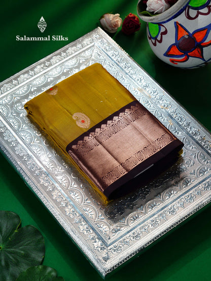 Beautiful Olive Mustard Yellow Pure Kanjivaram Silk Saree With Contrast Dark Brown Traditional Border