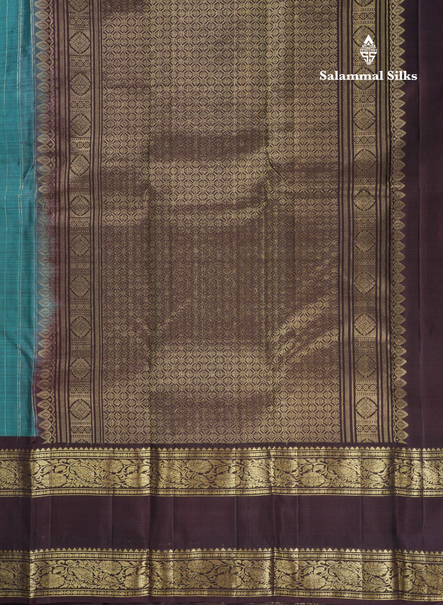 Beautiful Teal Green Pure Kanjivaram Silk Saree With Contrast Dark Brown Traditional Gap Evening Morning Border