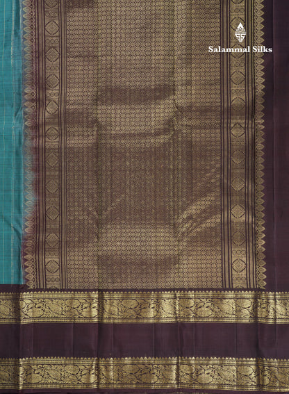 Beautiful Teal Green Pure Kanjivaram Silk Saree With Contrast Dark Brown Traditional Gap Evening Morning Border