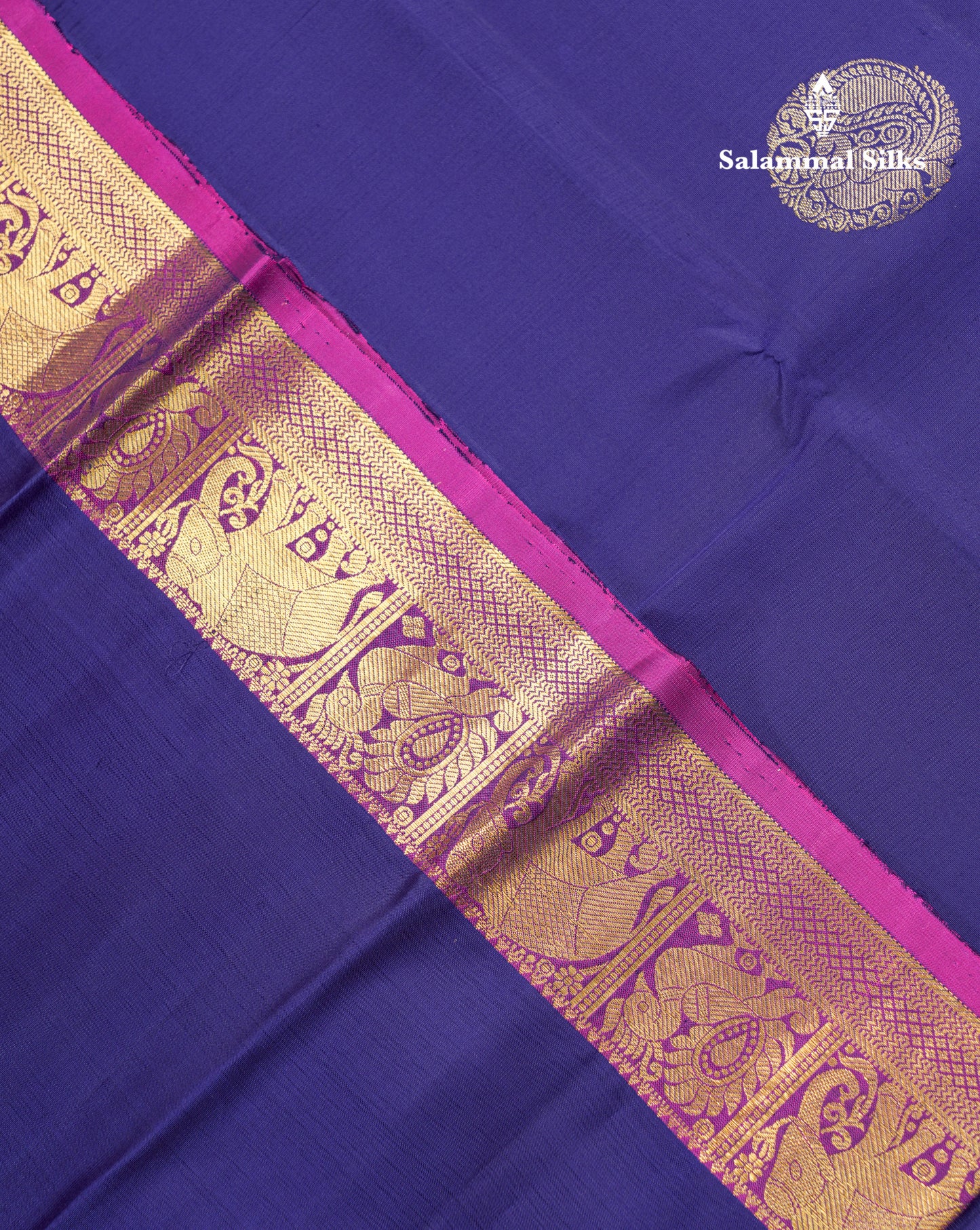 Navy Blue Pure Kanjivaram Silk Saree With Contrast Magenta Traditional Samall Checks With Butta Evening Morning Border