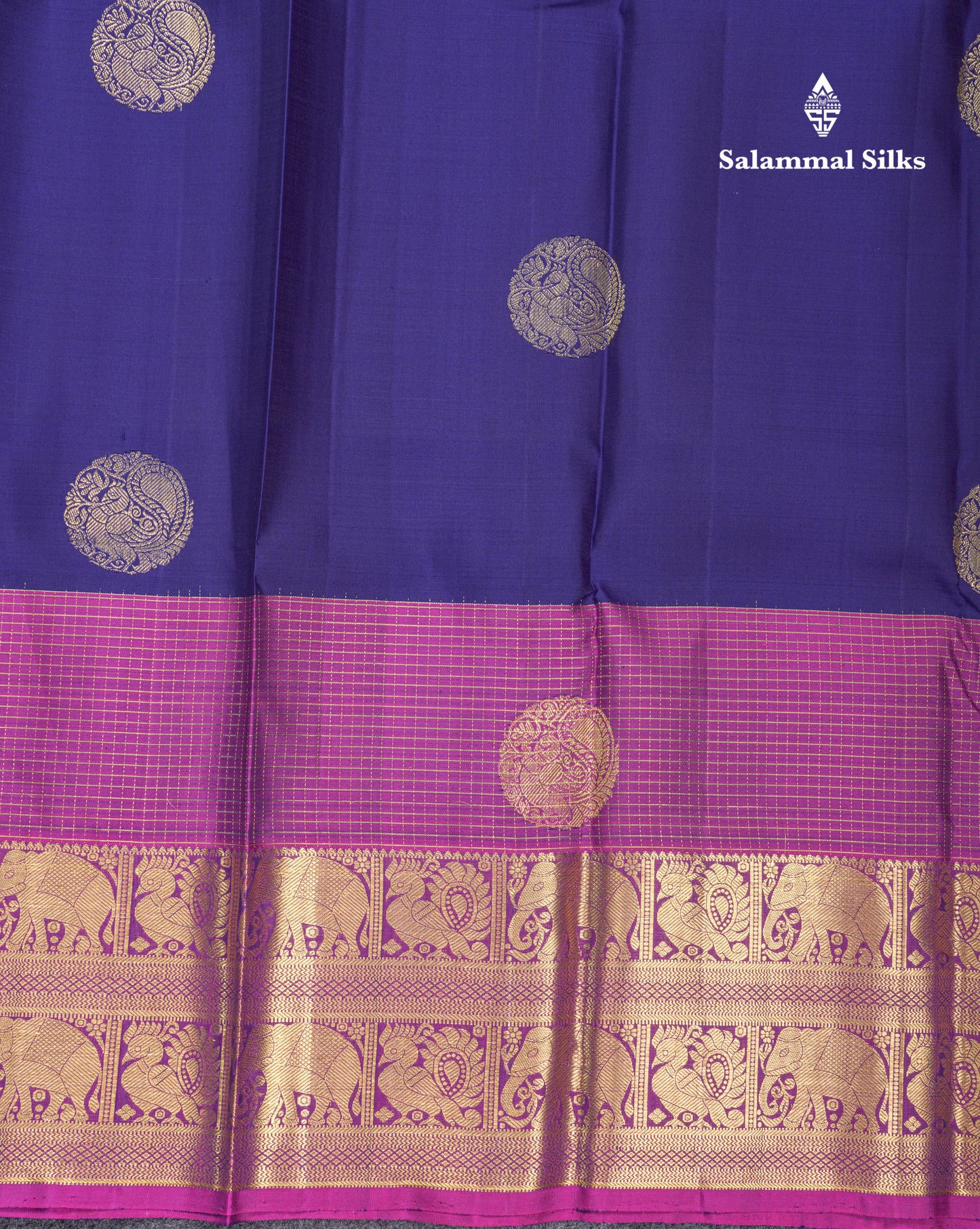 Navy Blue Pure Kanjivaram Silk Saree With Contrast Magenta Traditional Samall Checks With Butta Evening Morning Border