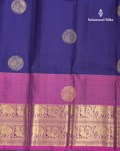 Navy Blue Pure Kanjivaram Silk Saree With Contrast Magenta Traditional Samall Checks With Butta Evening Morning Border
