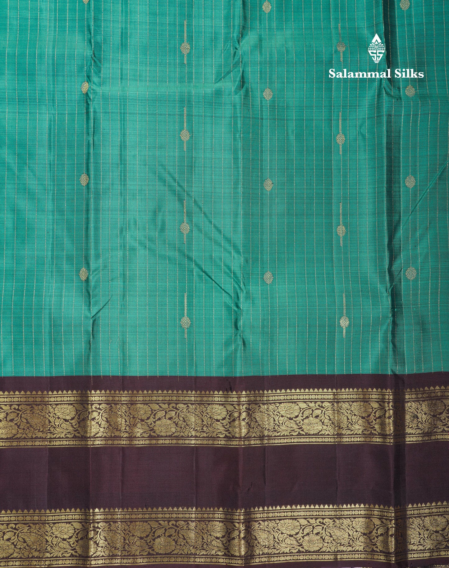 Beautiful Teal Green Pure Kanjivaram Silk Saree With Contrast Dark Brown Traditional Gap Evening Morning Border