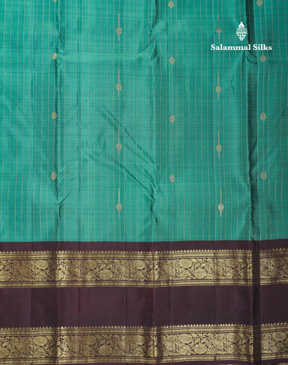 Beautiful Teal Green Pure Kanjivaram Silk Saree With Contrast Dark Brown Traditional Gap Evening Morning Border