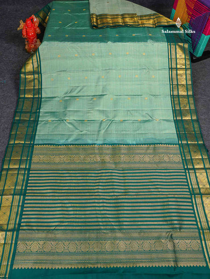Pure Kanjivaram Silk Saree - Light Sea Green Colour Body Small Checks With Butta & Contrast Forest Green Border