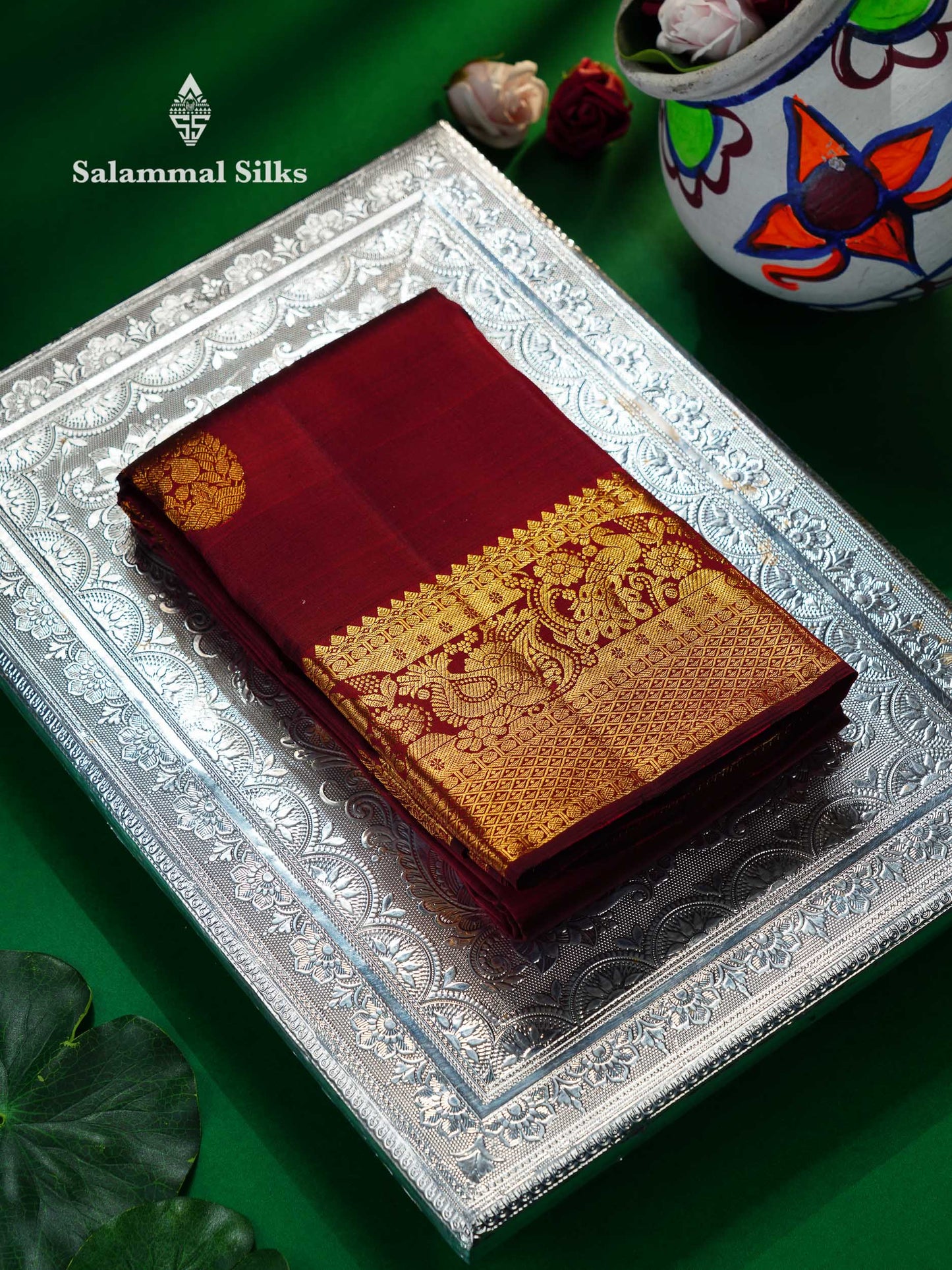 Beautiful Dark Maroon Pure Kanjivaram Silk Saree With Traditional Evening Morning Border