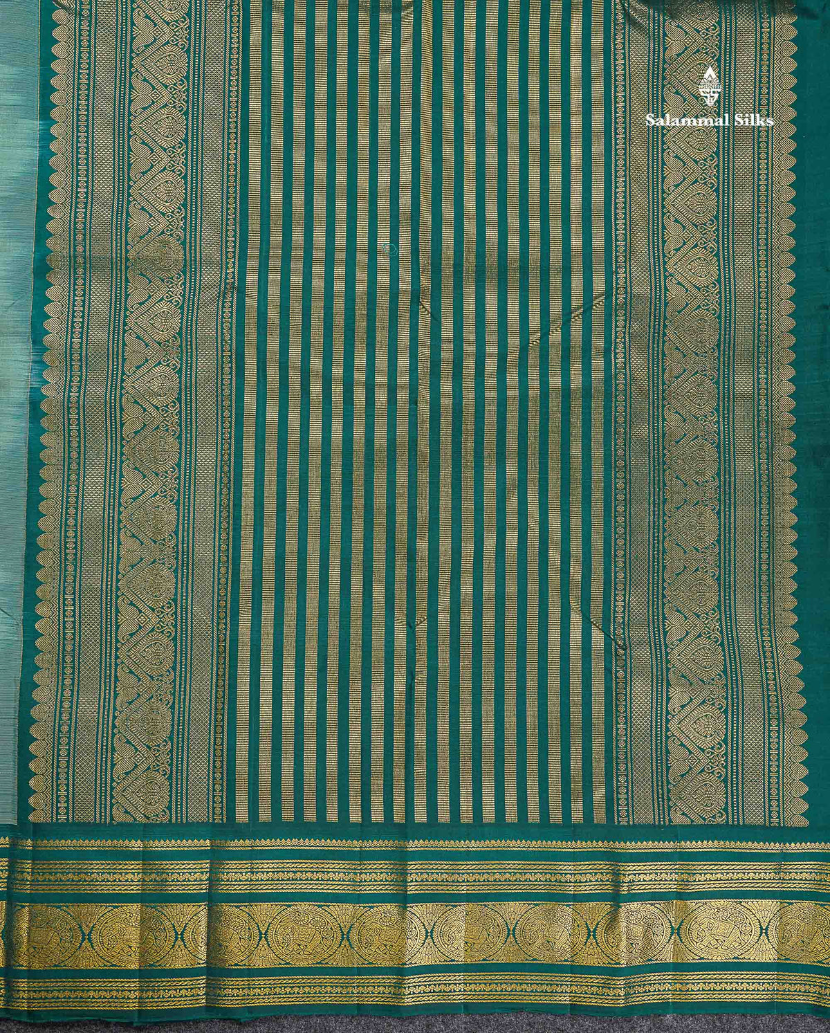 Pure Kanjivaram Silk Saree - Light Sea Green Colour Body Small Checks With Butta & Contrast Forest Green Border