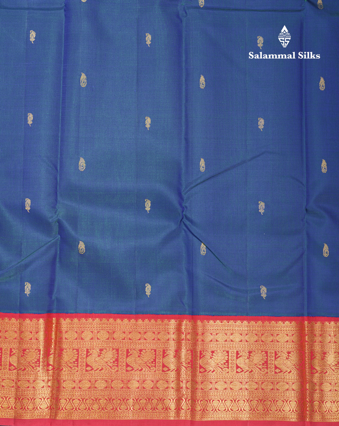 Korvai Dual Tone Peacock Blue Pure Kanjivaram Silk Saree With Contrast Maroon Traditional Border