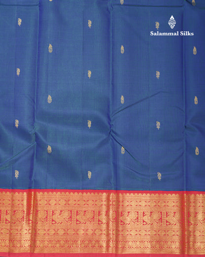 Korvai Dual Tone Peacock Blue Pure Kanjivaram Silk Saree With Contrast Maroon Traditional Border