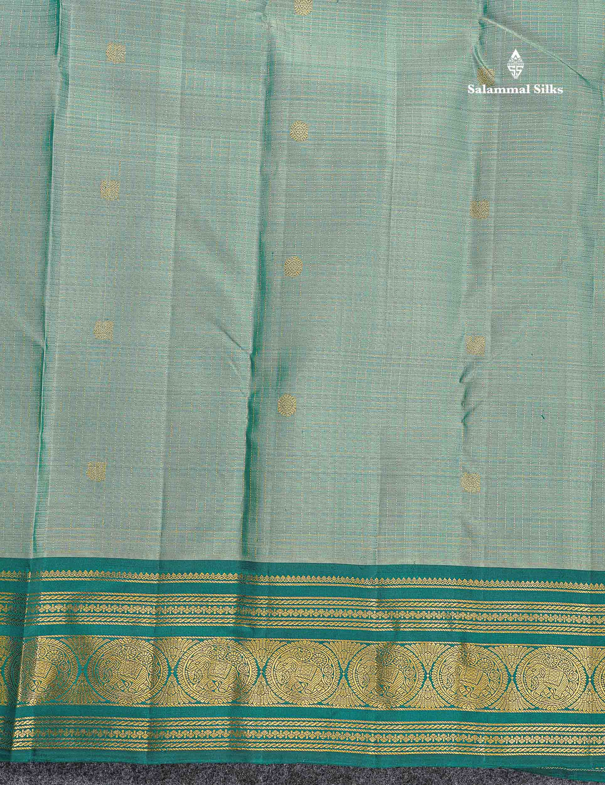 Pure Kanjivaram Silk Saree - Light Sea Green Colour Body Small Checks With Butta & Contrast Forest Green Border