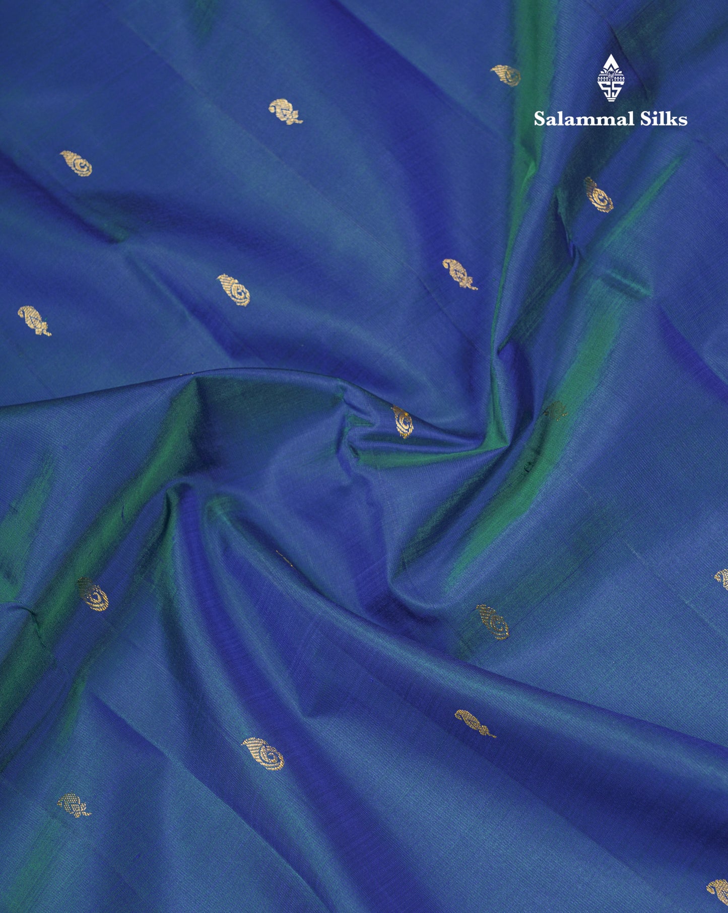 Korvai Dual Tone Peacock Blue Pure Kanjivaram Silk Saree With Contrast Maroon Traditional Border