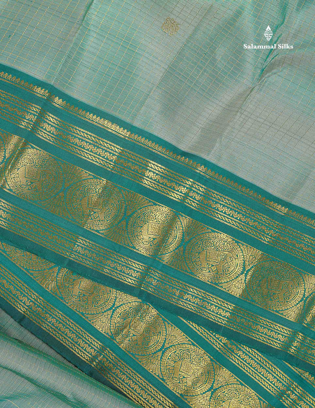 Pure Kanjivaram Silk Saree - Light Sea Green Colour Body Small Checks With Butta & Contrast Forest Green Border