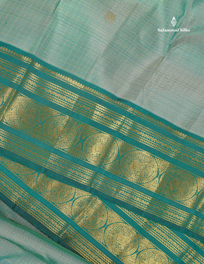 Pure Kanjivaram Silk Saree - Light Sea Green Colour Body Small Checks With Butta & Contrast Forest Green Border