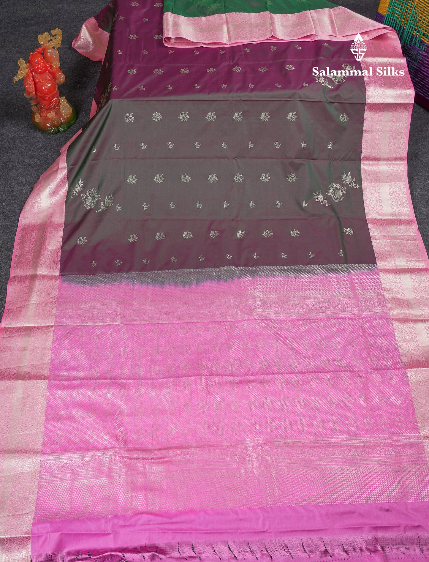 Beautiful Dual Tone Bottle Green Semi Silk Saree With Contrast Baby Pink Traditional Border