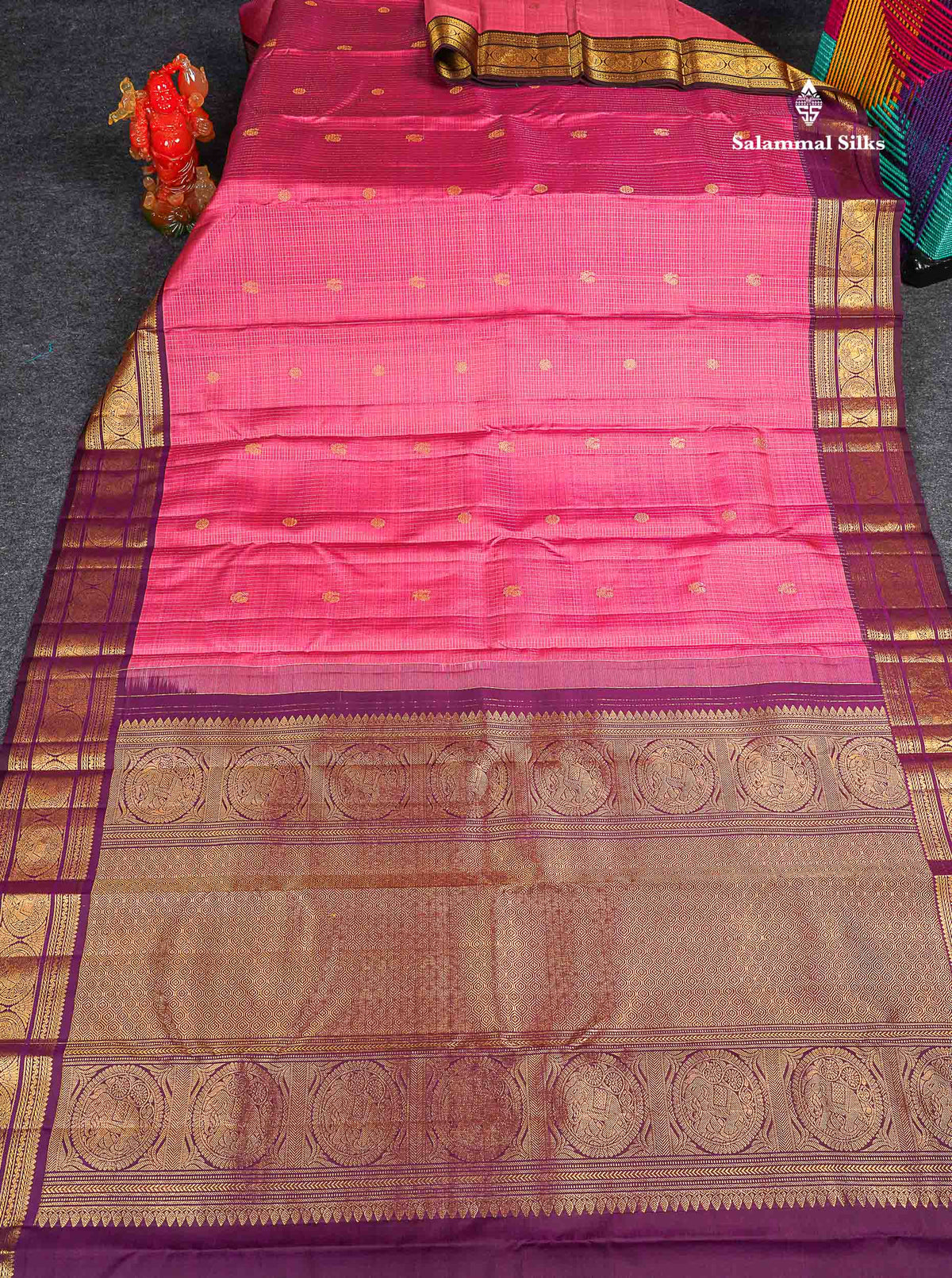Pure Kanjivaram Silk Saree - Rose Pink Colour Body Small Checks With Butta & Contrast Wine Purple Border