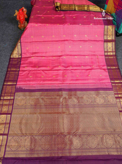 Pure Kanjivaram Silk Saree - Rose Pink Colour Body Small Checks With Butta & Contrast Wine Purple Border