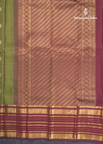 Dual Tone Olive Green Pure Kanjivaram Silk Saree With Contrast Dark Brown Traditional Border