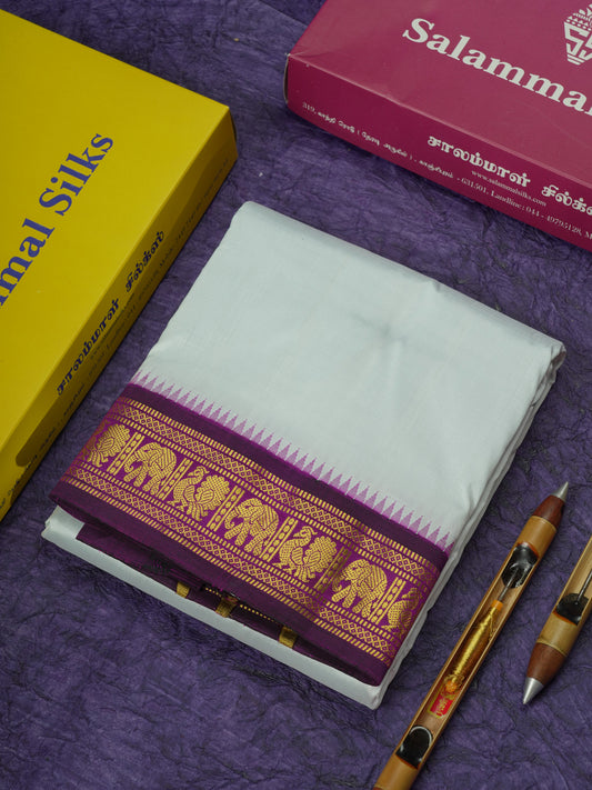 Kanjivaram White Traditional Pure Silk Dhoti, Angavastram with Ganga Jamuna Border