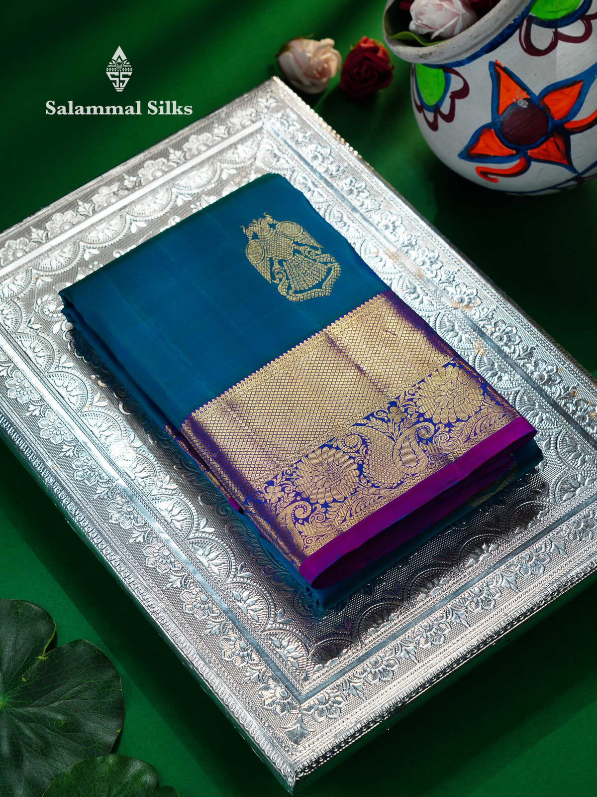 Beautiful Dual Tone Peacock Blue Iruthalai Pakshi Butta Pure Kanjivaram Silk Saree With Contrast Vadamalli Traditional Evening Morning Border