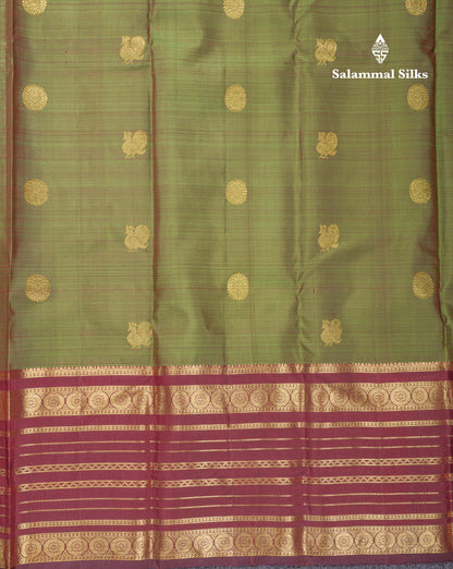 Dual Tone Olive Green Pure Kanjivaram Silk Saree With Contrast Dark Brown Traditional Border