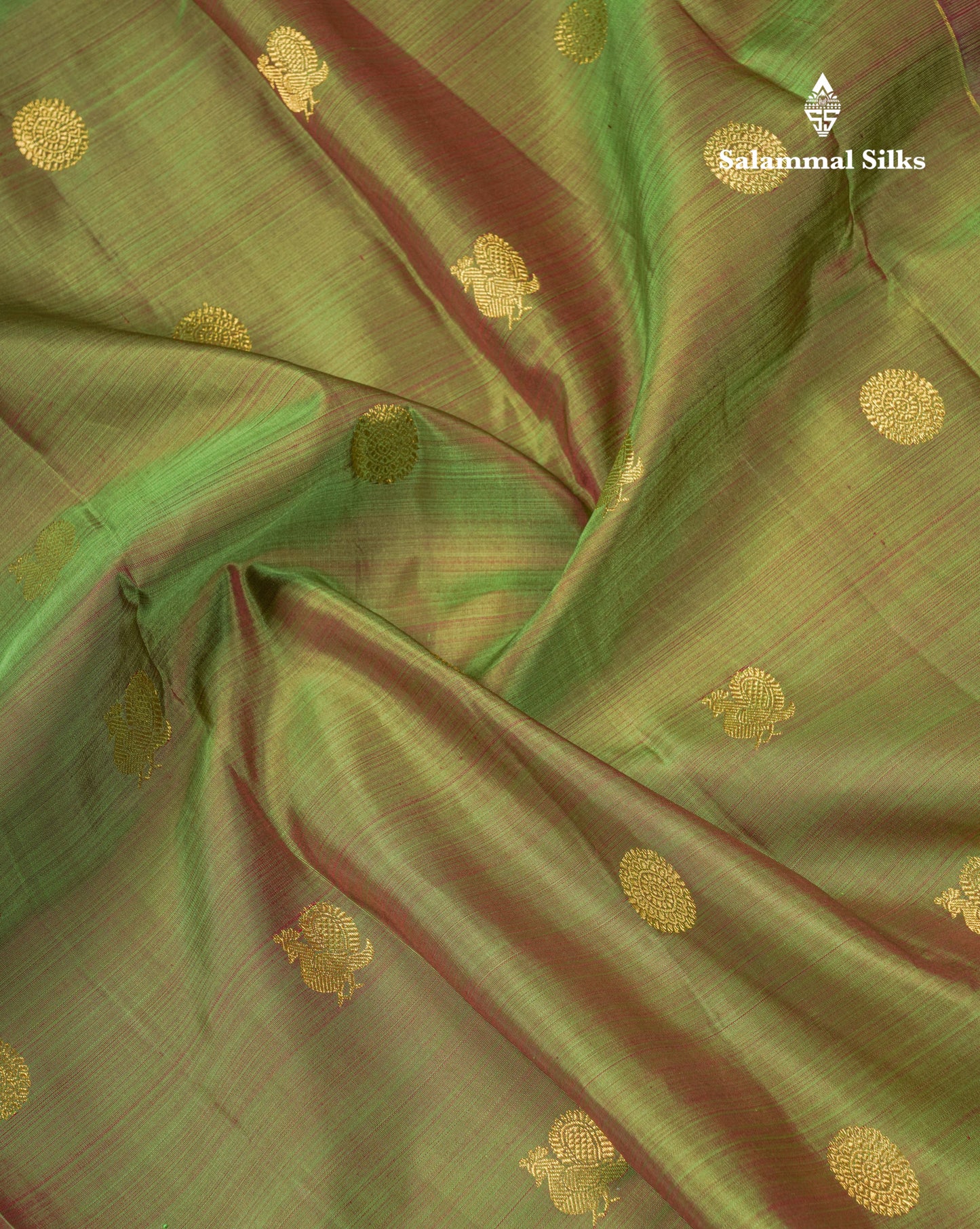 Dual Tone Olive Green Pure Kanjivaram Silk Saree With Contrast Dark Brown Traditional Border