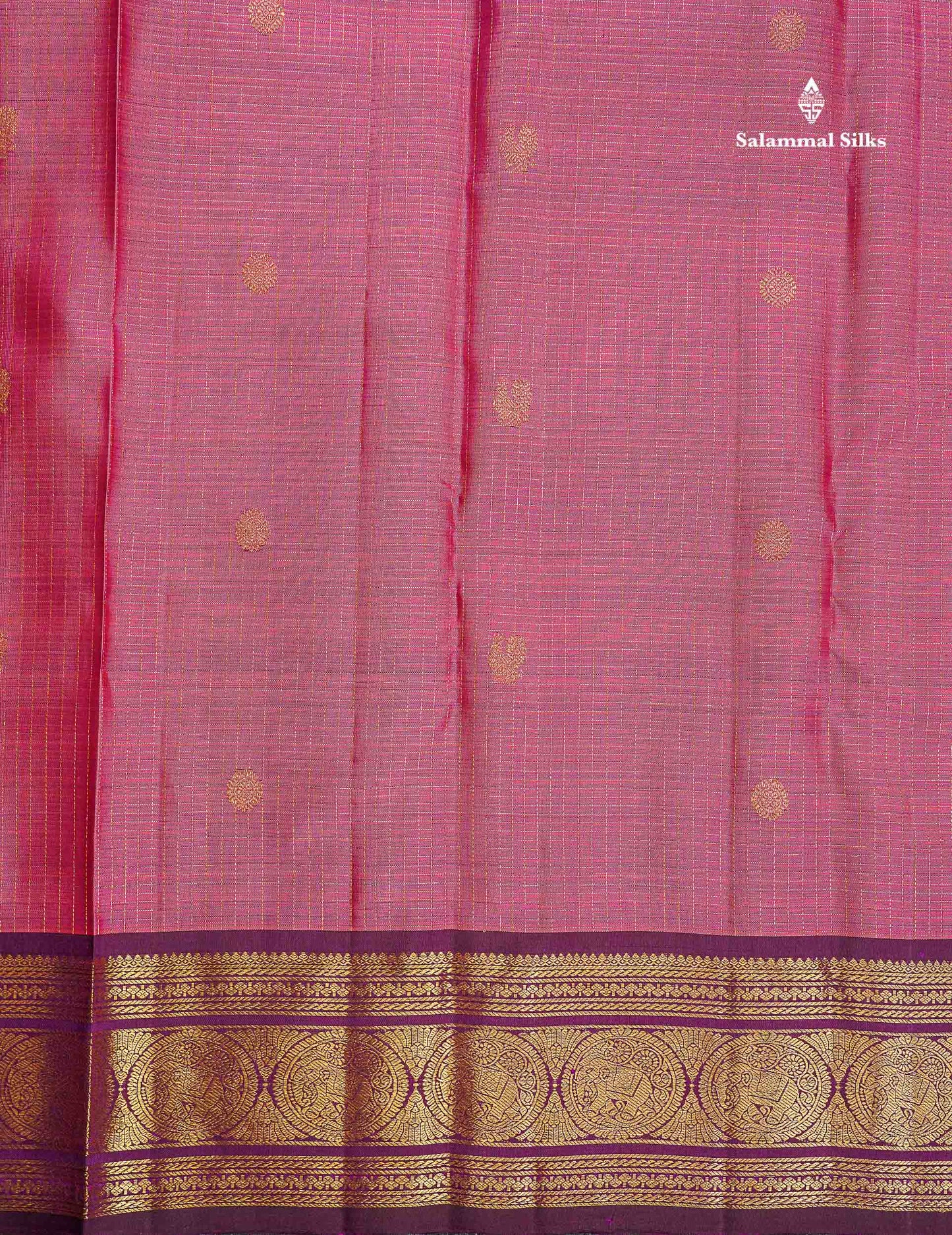 Pure Kanjivaram Silk Saree - Rose Pink Colour Body Small Checks With Butta & Contrast Wine Purple Border