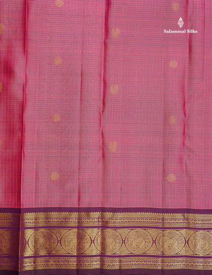 Pure Kanjivaram Silk Saree - Rose Pink Colour Body Small Checks With Butta & Contrast Wine Purple Border