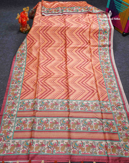Beautiful Peach Wave Design Fancy Semi Tussar Saree With Contrast Light Maroon Blouse