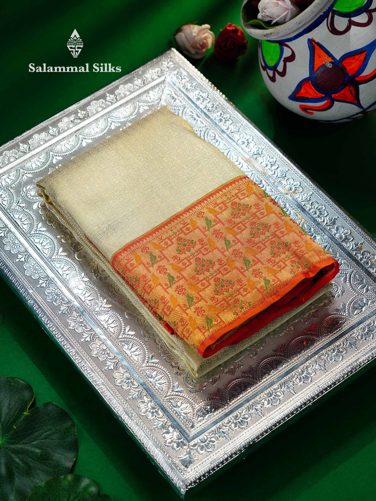 Beautiful Half White Bridal Pure Kanjivaram Silk Saree With Contrast Pinkish Orange Paithani Border
