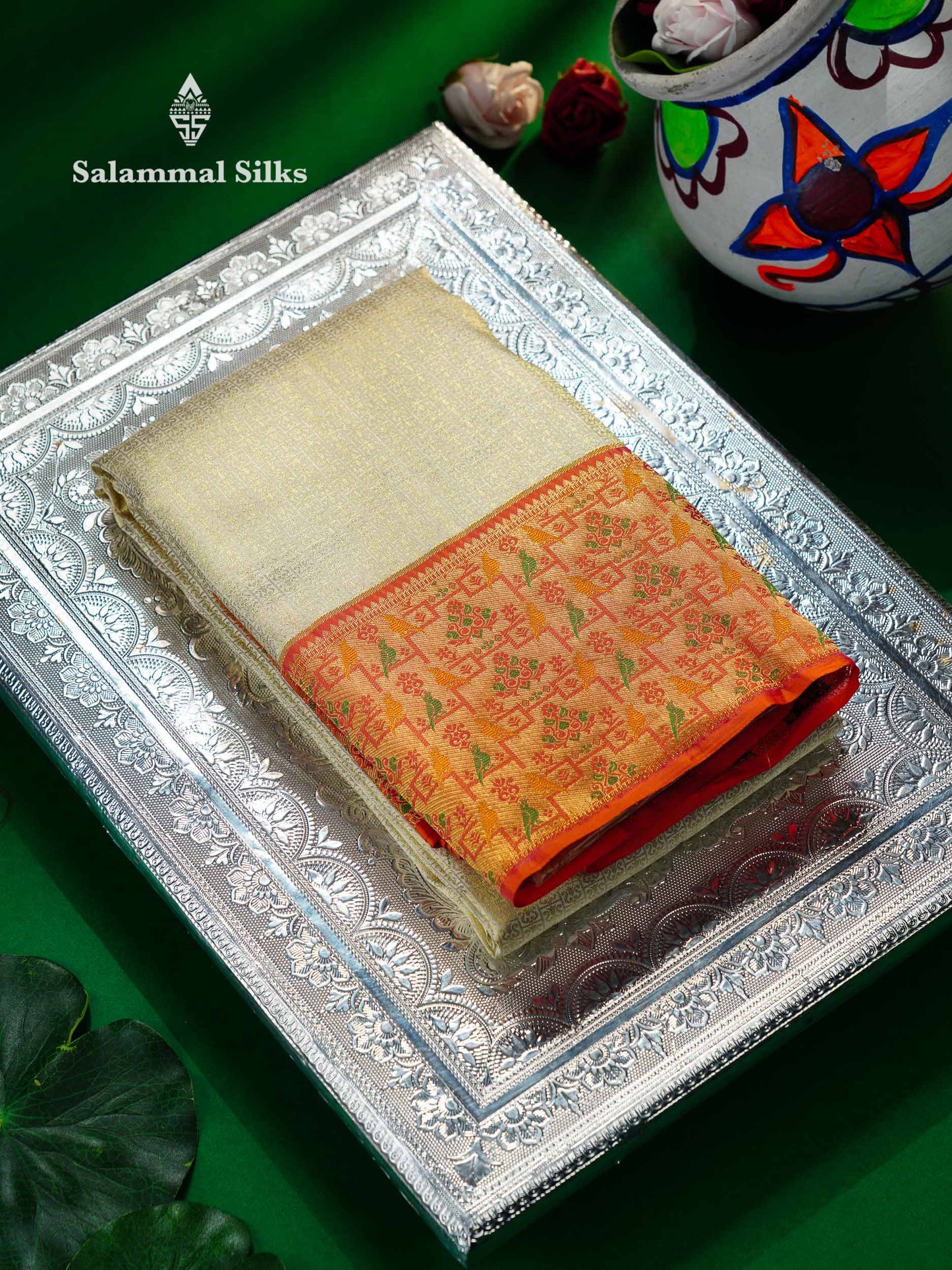 Beautiful Half White Bridal Pure Kanjivaram Silk Saree With Contrast Pinkish Orange Paithani Border