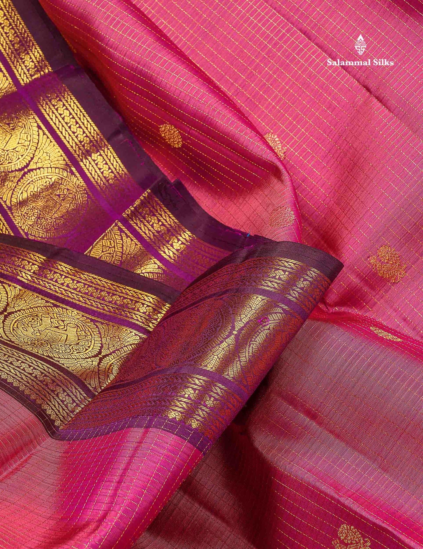 Pure Kanjivaram Silk Saree - Rose Pink Colour Body Small Checks With Butta & Contrast Wine Purple Border
