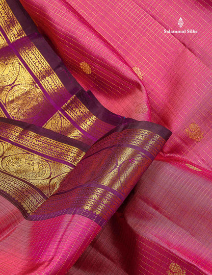 Pure Kanjivaram Silk Saree - Rose Pink Colour Body Small Checks With Butta & Contrast Wine Purple Border