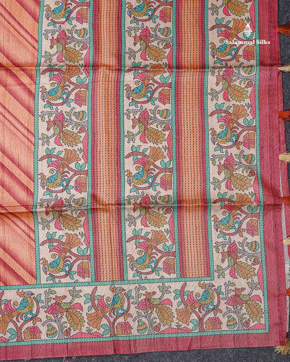 Beautiful Peach Wave Design Fancy Semi Tussar Saree With Contrast Light Maroon Blouse