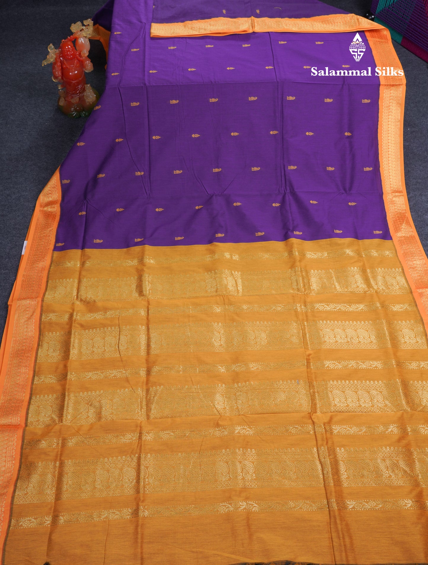 Violet Kalyani Cotton Saree With Contrast Mustard Yellow Blouse