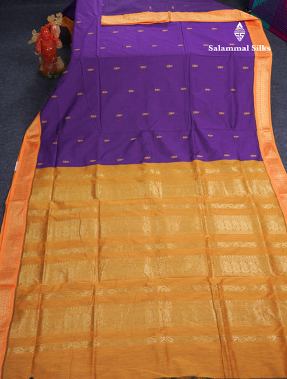 Violet Kalyani Cotton Saree With Contrast Mustard Yellow Blouse