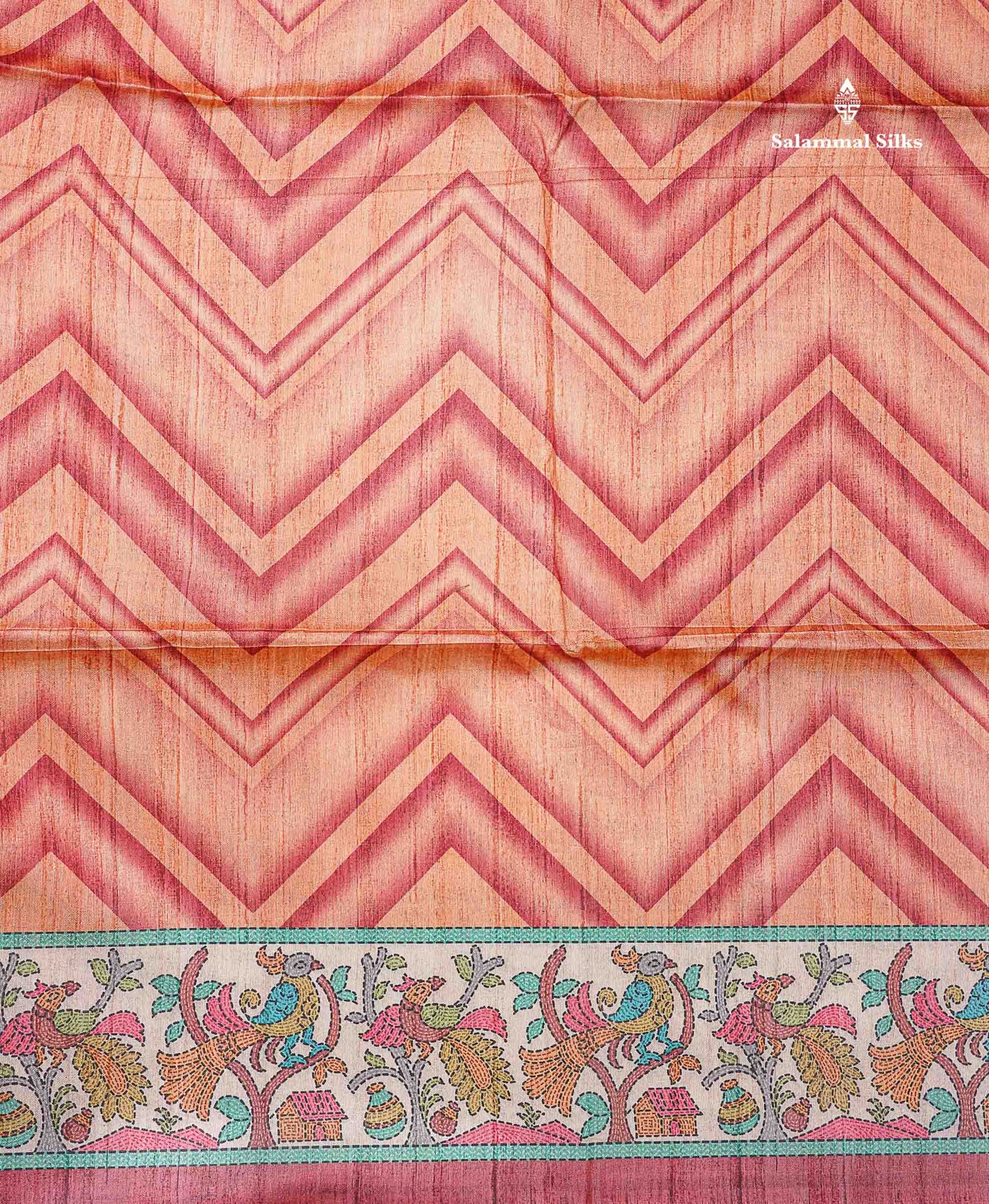 Beautiful Peach Wave Design Fancy Semi Tussar Saree With Contrast Light Maroon Blouse