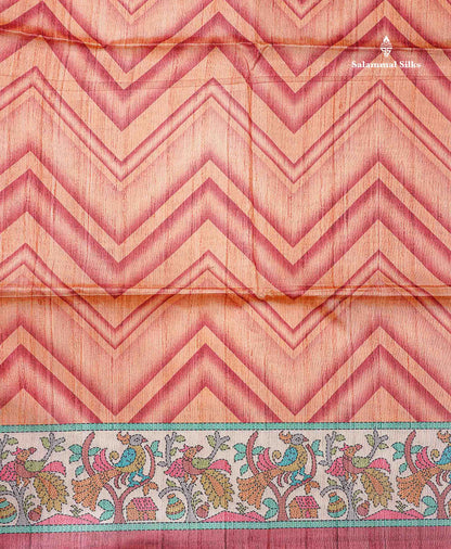 Beautiful Peach Wave Design Fancy Semi Tussar Saree With Contrast Light Maroon Blouse