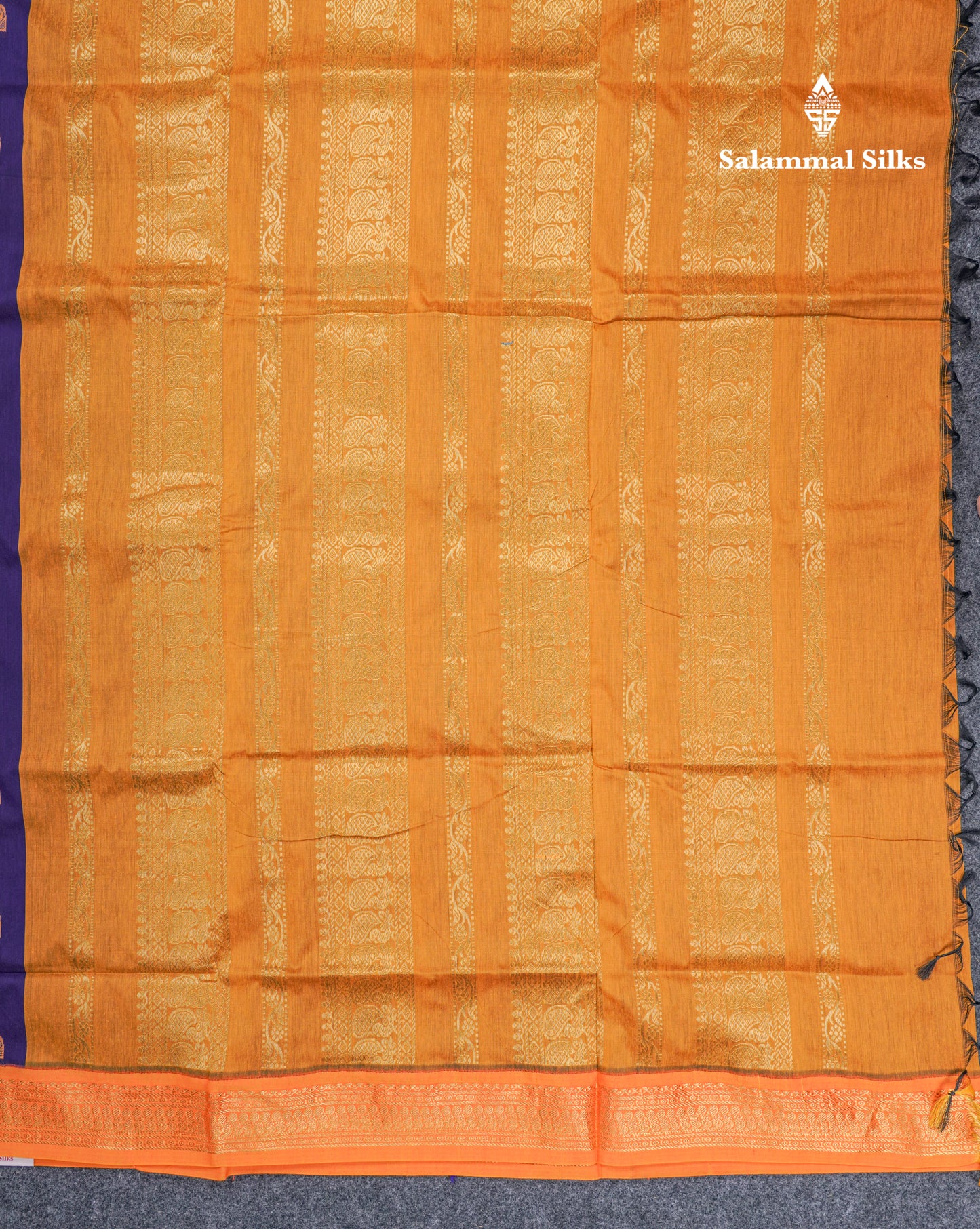 Violet Kalyani Cotton Saree With Contrast Mustard Yellow Blouse