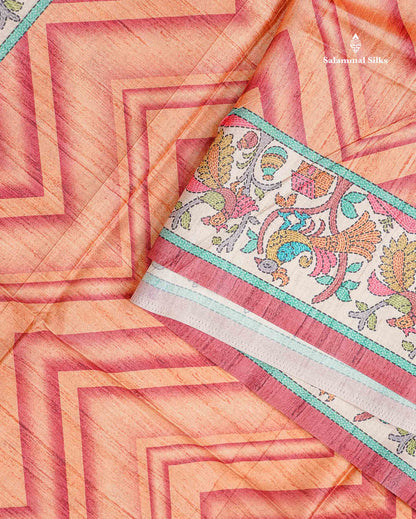 Beautiful Peach Wave Design Fancy Semi Tussar Saree With Contrast Light Maroon Blouse