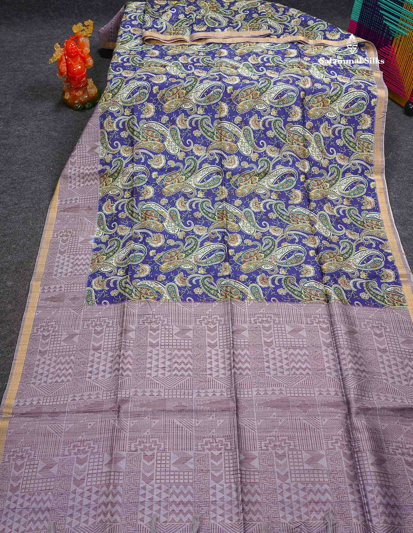 Beautiful Dual Tone Navy Blue Kalamkari Semi Tussar Saree With Contrast Light Grey Fancy Border