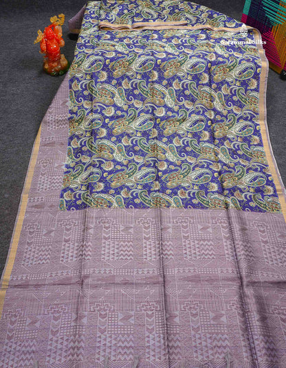 Beautiful Dual Tone Navy Blue Kalamkari Semi Tussar Saree With Contrast Light Grey Fancy Border