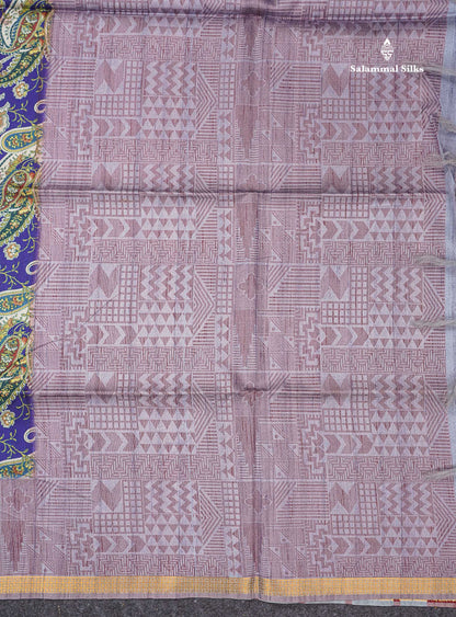 Beautiful Dual Tone Navy Blue Kalamkari Semi Tussar Saree With Contrast Light Grey Fancy Border