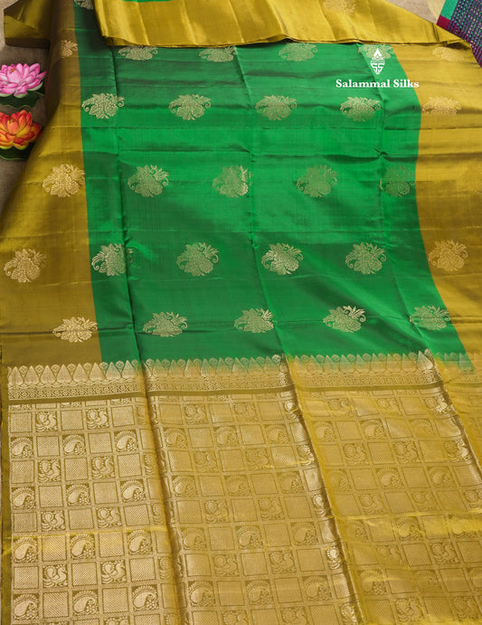 Kanjivaram Beautiful Green Pure Soft Silk Saree With Contrast Fancy Mustard Yellow Border