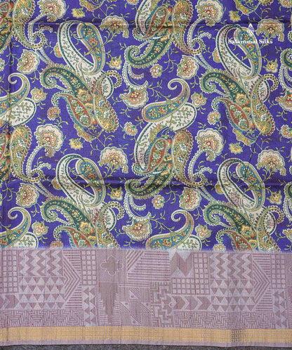 Beautiful Dual Tone Navy Blue Kalamkari Semi Tussar Saree With Contrast Light Grey Fancy Border